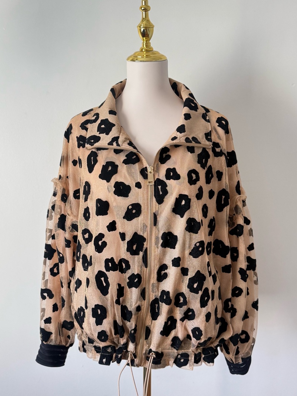 Berek See Through Leopard Size M Bomber Jacket Beige Black Golden Metallic